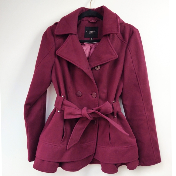 Celebrity Pink Jackets & Blazers - Celebrity Pink Burgundy Winter Coat Hooded Tie Belt Size Medium